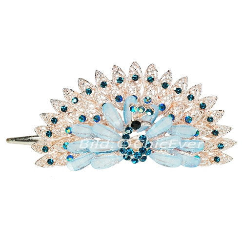 Schöne Haarspange Pfau aus Metall Strass & Acryl Haarklammer blau türkis gold 5266 - zum Schließen ins Bild klicken